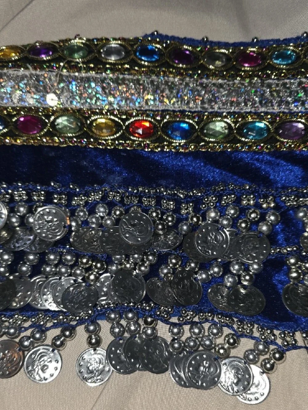 +Blue Coin Fringe Belly Dance Hip Scarf with Multicolor Gems